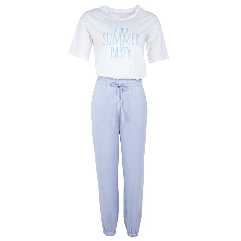 晩白 新品时尚套装字母圆领短袖T恤系带腰休闲裤两件