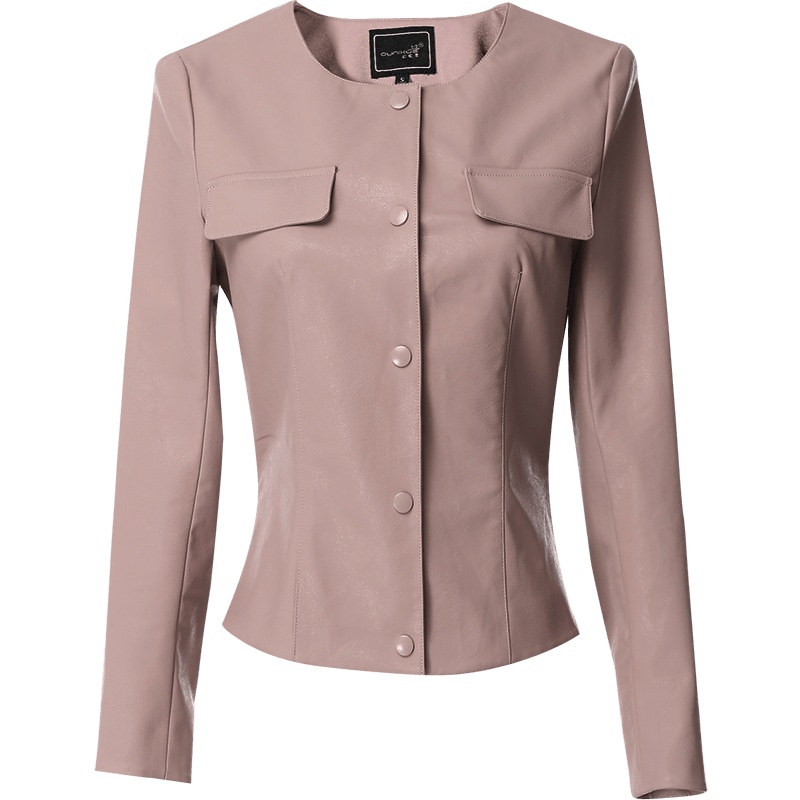 欧昵雪圆领PU皮夹克短款开衫单排扣修身皮衣外套女