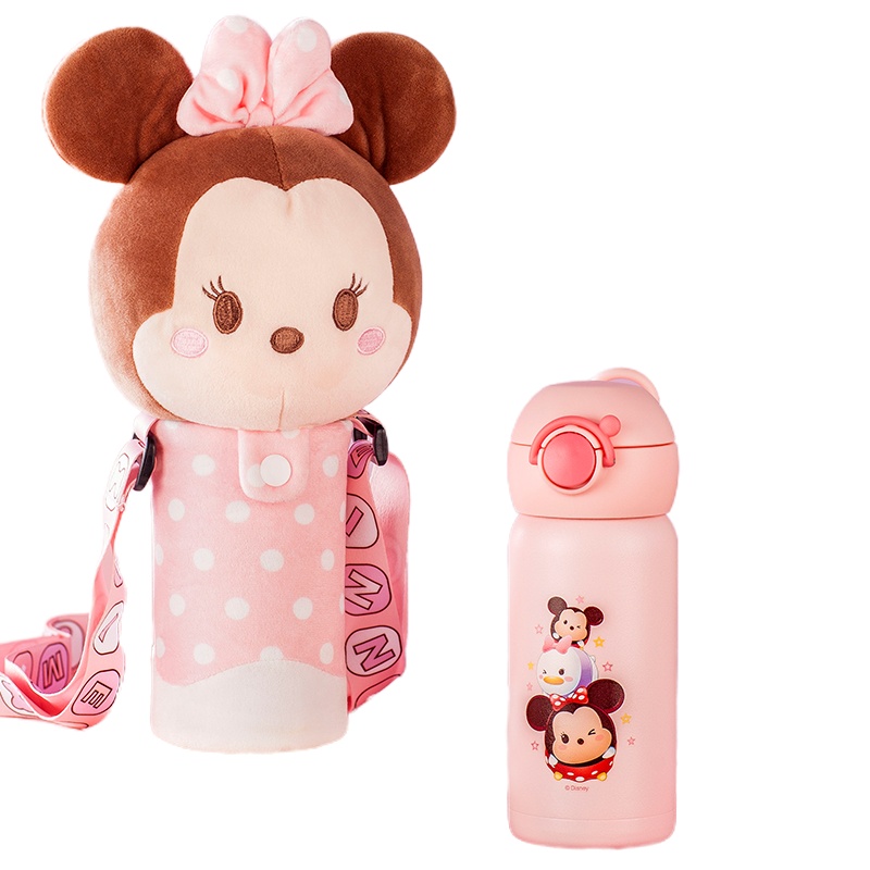 迪士尼婴儿童水杯子宝宝不锈钢保温杯带吸管杯公仔杯套幼儿园水壶水杯350ml带公仔杯套学生水壶-粉色松松玩偶保温杯