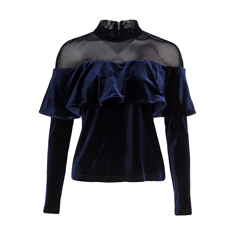 晚白2019秋季新品微透优雅纯色立领丝绒荷叶边套头打底衫上衣女