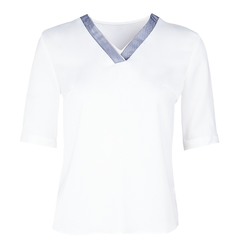 晩白 新品时尚简约纯色V领职业短袖套头上衣T恤衬衫
