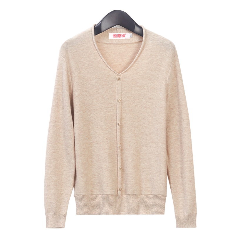 恒源祥女士羊毛衫2020新款秋冬卷边V领毛衣纽扣纯色套头针织衫