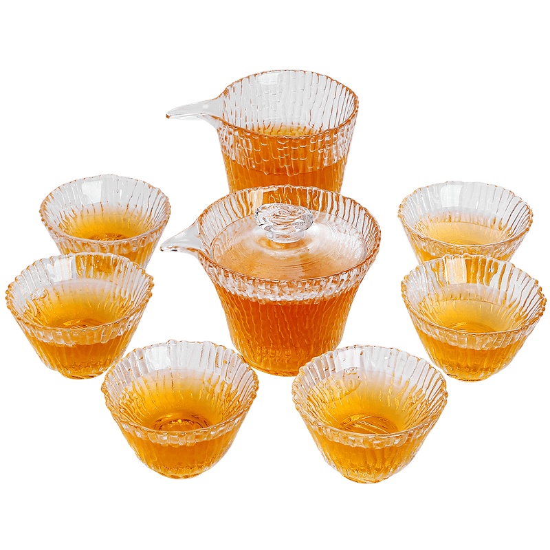 领艺日式玻璃功夫茶具套装加厚耐热透明茶杯家用办公室用喝茶泡茶 玻璃竹节茶具套装8头