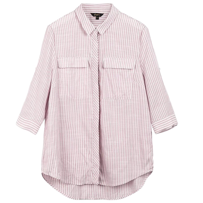 拉夏贝尔粉色衬衫女夏装新款女竖条纹衬衣韩版百搭小清新七分袖上衣女_810 S 条纹混色