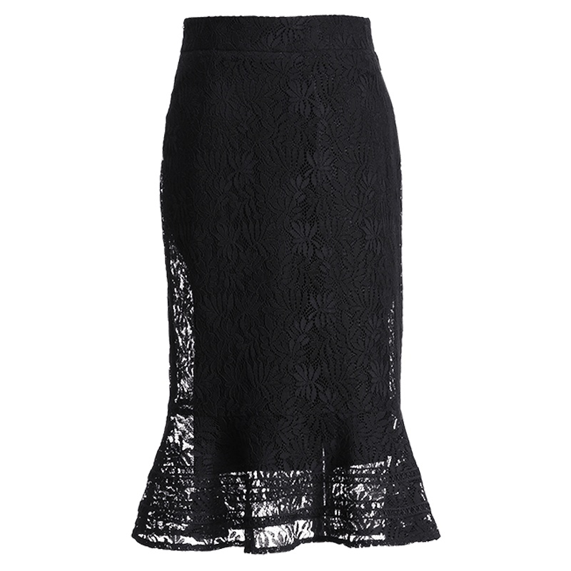 欧昵雪通勤OL荷叶边黑色蕾丝鱼尾半身裙女包臀一步裙