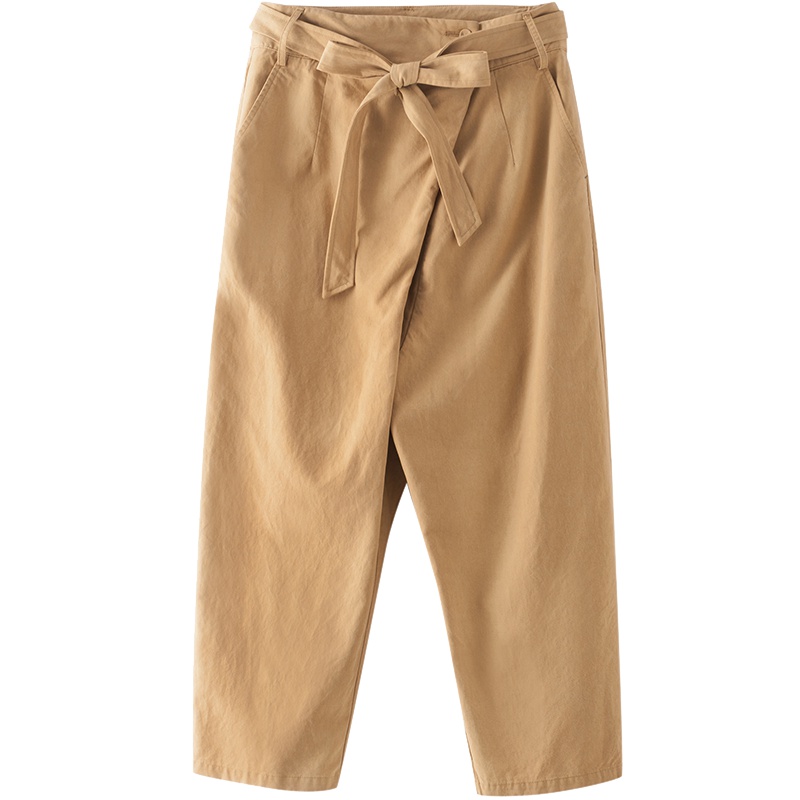 茵曼2019夏装新款纯色莱赛尔棉个性斜襟配腰带休闲百搭九分裤女