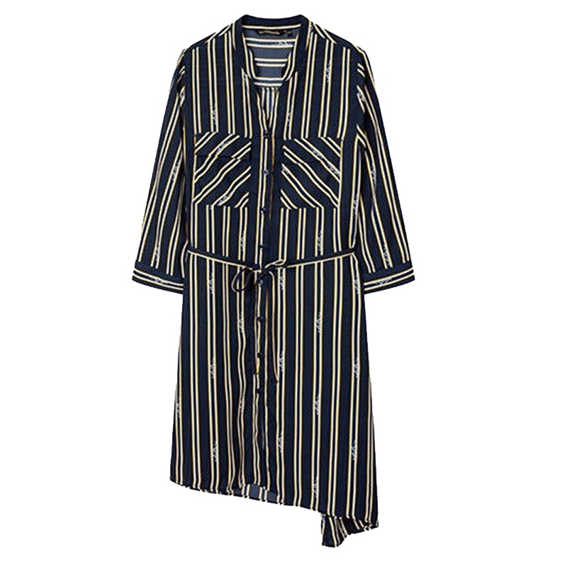 拉夏贝尔春季新款高腰不规则显瘦条纹雪纺衬衫连衣裙女10018480