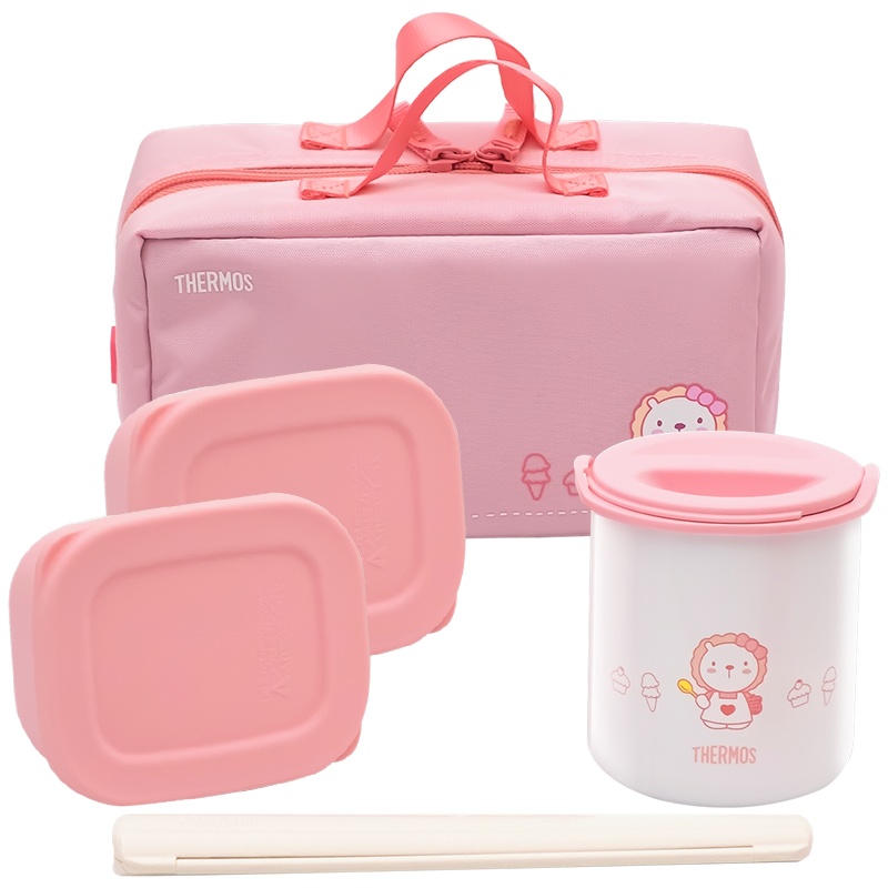 膳魔师(THERMOS)婴童保鲜盒儿童保温饭盒宝宝辅食盒锈钢内胆附带便当袋餐筷膳魔師便携便当盒 DBQ-253F PK