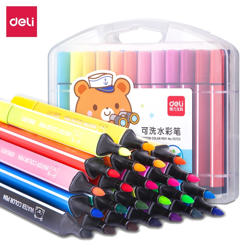 得力粗三角杆水彩笔安全无毒可水洗24色小学生彩笔画笔套装手绘彩色水笔幼儿园儿童宝宝美术初学70722