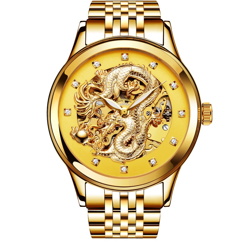 正品尼尚NESUN男士手表 全自动机械表 男镂空3D浮雕金龙腕表 九五至尊男表透底夜光防水时尚真皮新款9307复古