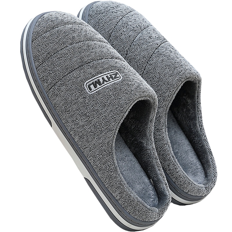 漂步 特大码棉拖鞋男士冬居家防滑加厚加大号保暖毛绒包跟加肥大码拖鞋