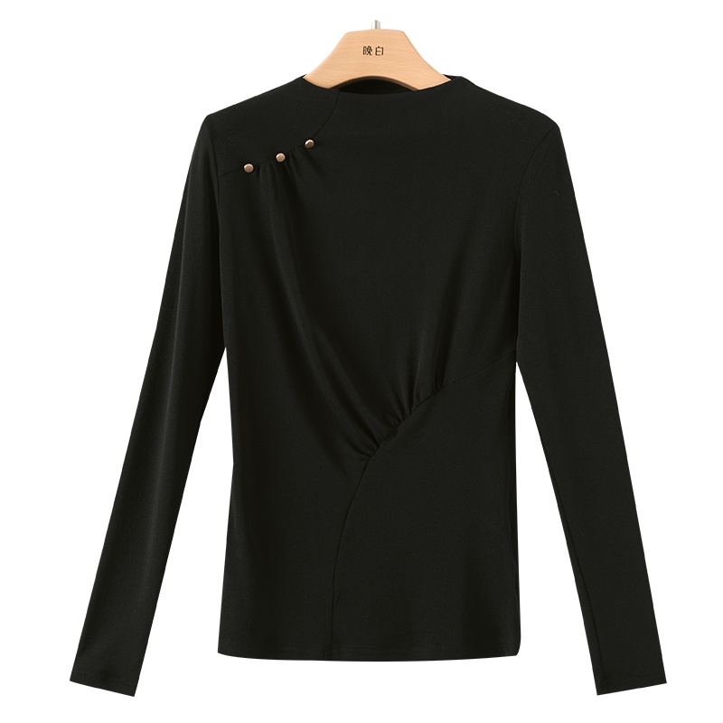 晚白2021春季新品时尚简约通勤立领长袖百搭常规内搭打底衫T恤女