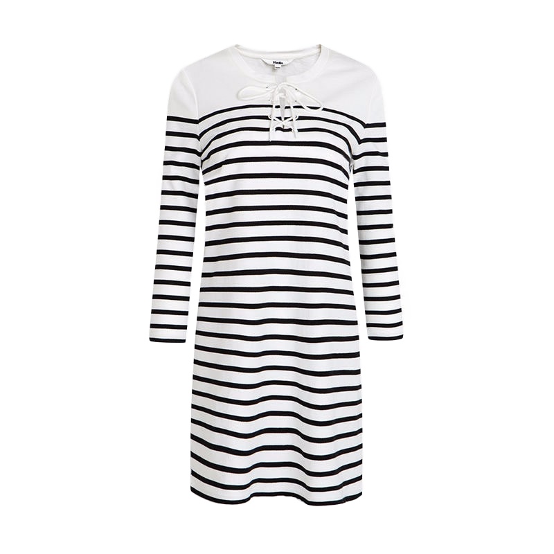 拉夏贝尔春季新款连衣裙女款Puella绑带v领条纹针织短裙子连衣裙女20009189