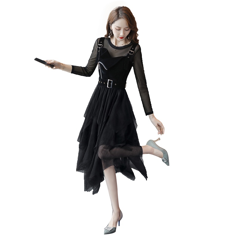 丝柏舍秋装女2019修身上衣搭不规则下摆背带裙套装S93R4124N