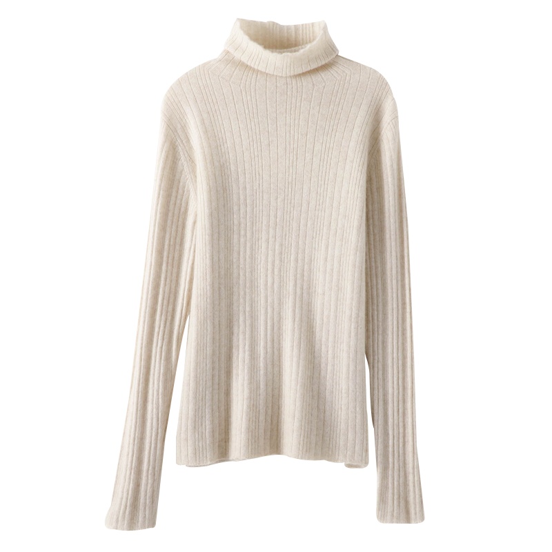 绒媛ZN--2120,秋季新款针织羊绒衫女内搭高领打底套头毛衣纯色竖条韩版纯羊毛衫