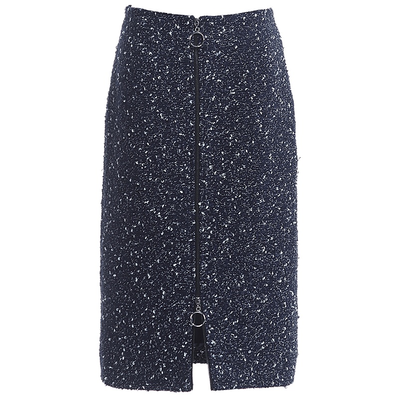 欧昵雪秋冬季拉链开叉粗花呢半身裙女呢子一步裙