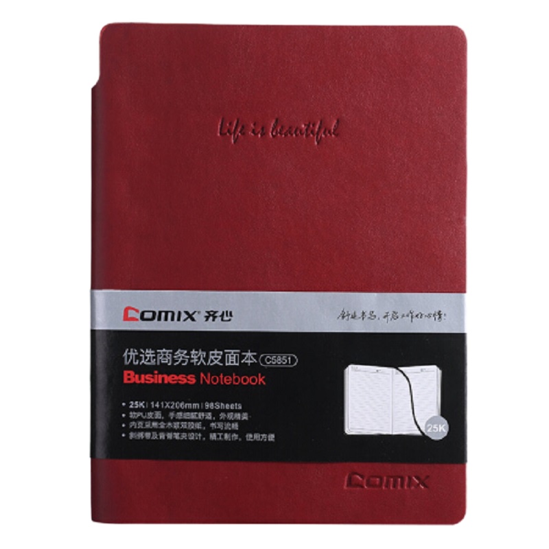 齐心(COMIX) C5851 A5/98张 红色 软皮面文具笔记本子创意斜绑带记事本日记本