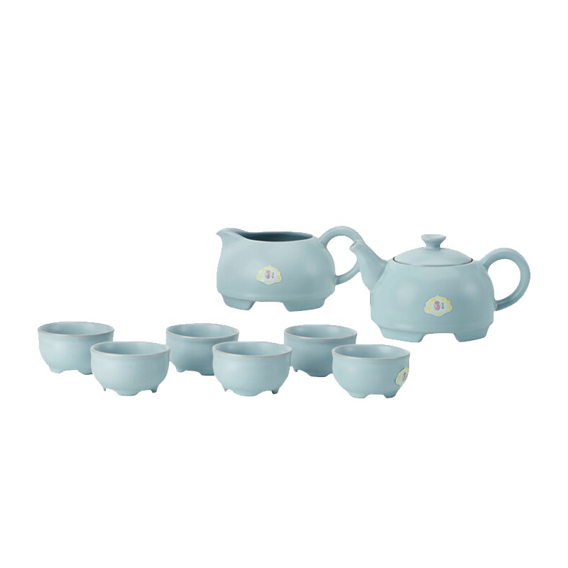 东道 汝窑 青瓷陶瓷套装茶具 圆融茶壶半组 一壶一海六杯 开片可养 天青色