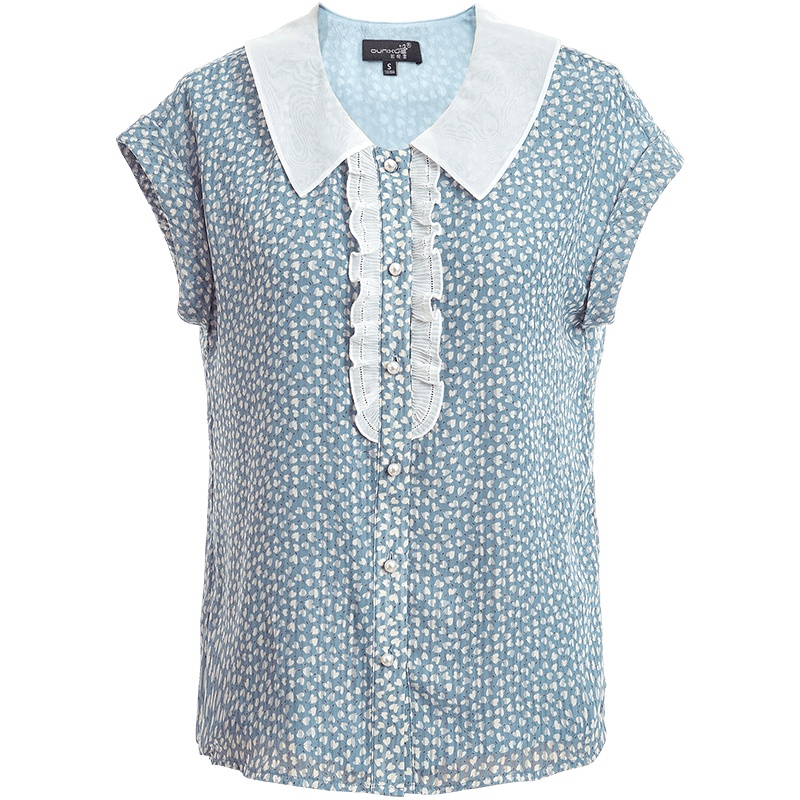 欧昵雪夏季复古娃娃领爱心印花雪纺衫女连肩短袖遮肉上衣