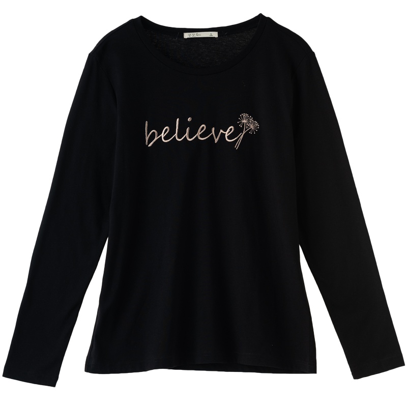 芊艺黑色圆领长袖t恤女秋装2019新款韩版显瘦打底衫时尚刺绣上衣10337