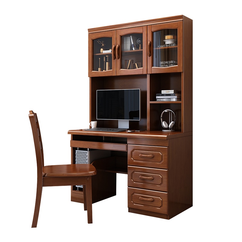 实木书桌书柜书架一体中式家用台式电脑桌写字桌书房家具套装组合
