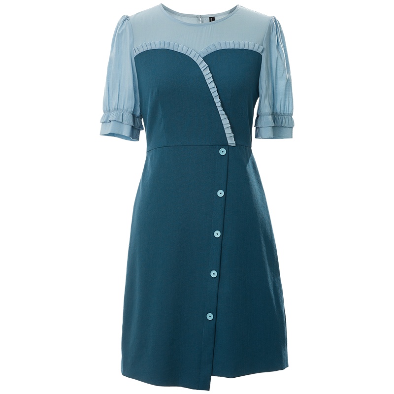 欧昵雪夏装设计感圆领收腰假两件连衣裙女不规则开叉中裙