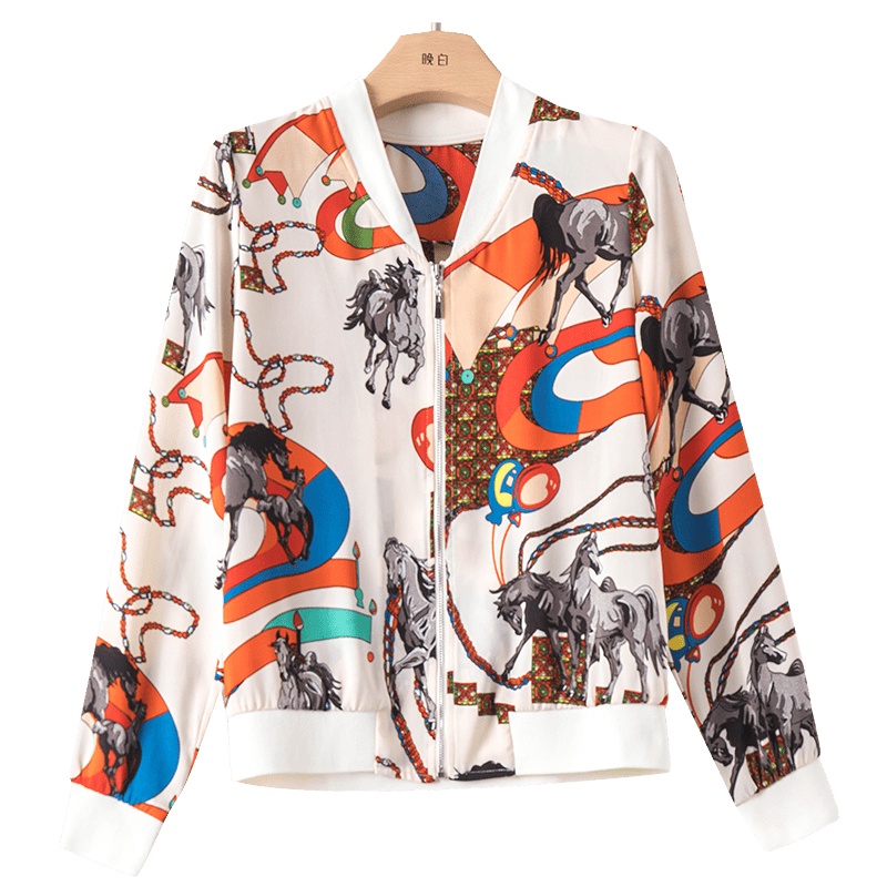 晚白2020秋冬新品时尚个性印花休闲百搭常规款棒球服夹克薄外套女