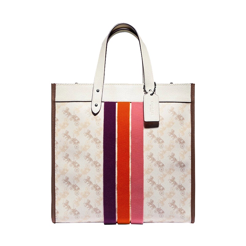 蔻驰 COACH 奢侈品 女士专柜款马车印花条纹托特包单肩包大号米色印花 89145 V5PUU