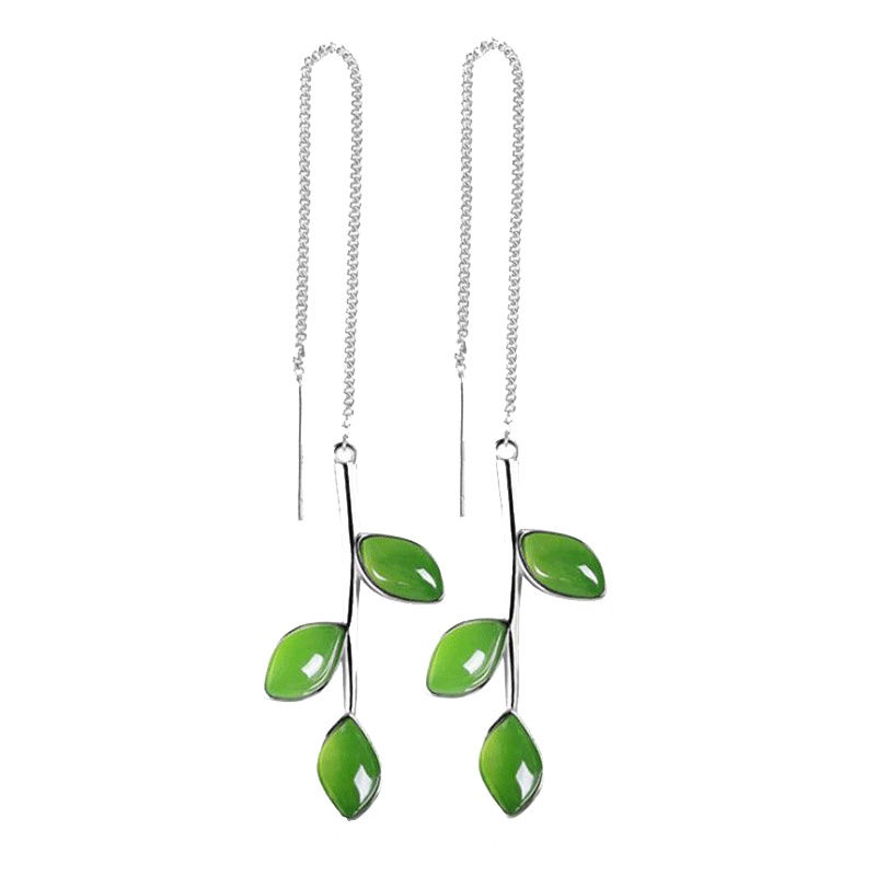 帛兰梓韵 天然碧玉银镶玉耳坠耳饰防过敏耳环长款森系树叶s925纯银和田玉石耳环