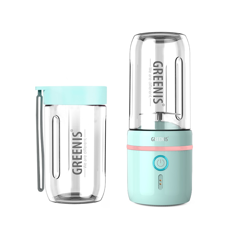 德国greenis 便携式无线充电 榨汁机家用水果小型迷你电动按键式炸果汁蓝色0.25L 双杯榨汁杯