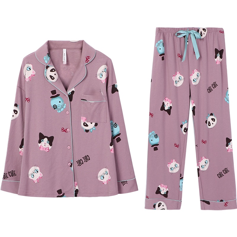 安之伴睡衣女秋季少女家居服纯棉舒适双面针织学生印花国民领长袖女套装