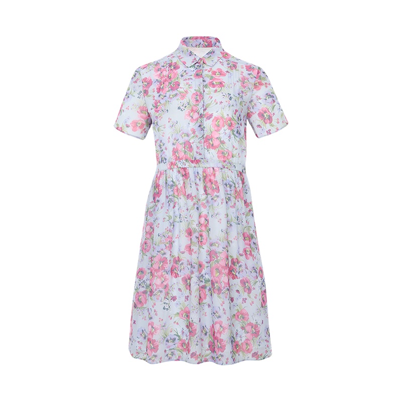 鄂尔多斯1980春夏小翻领短袖碎花收腰女衬衫连衣裙