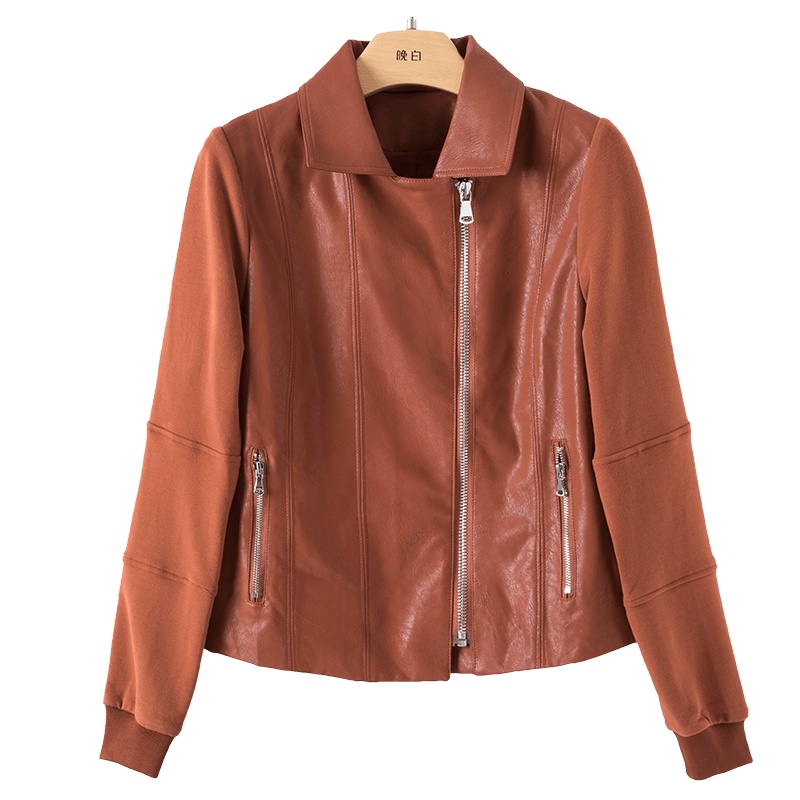 晚白2020冬季新品简约休闲纯色百搭常规时尚拉链皮衣夹克外套女