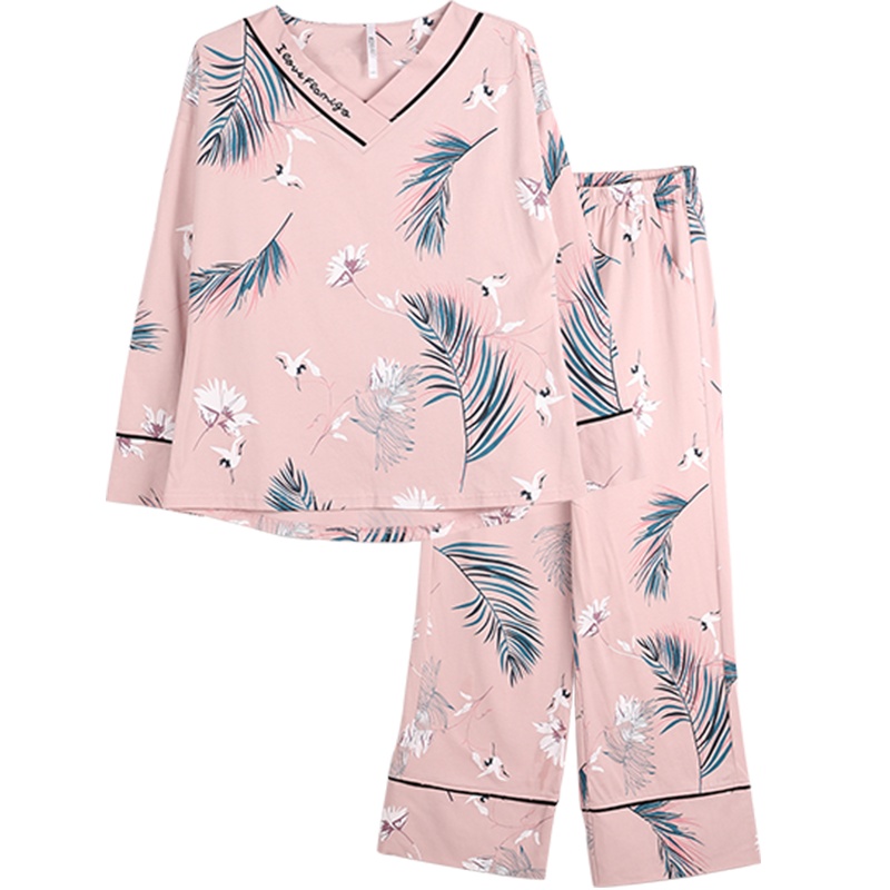 红豆居家(Hodohome)女士日系睡衣女式纯棉植物花印花可外穿长袖家居服套装