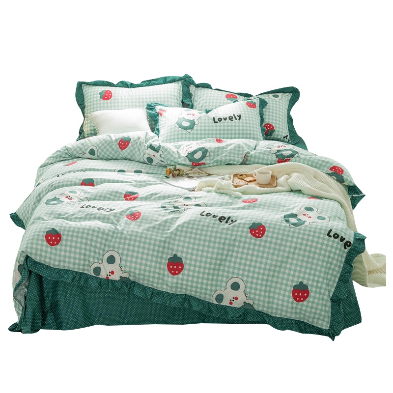 曼凝家纺 全棉韩版花边单人三件套双人四件套纯棉床单款被套公主简约床上用品