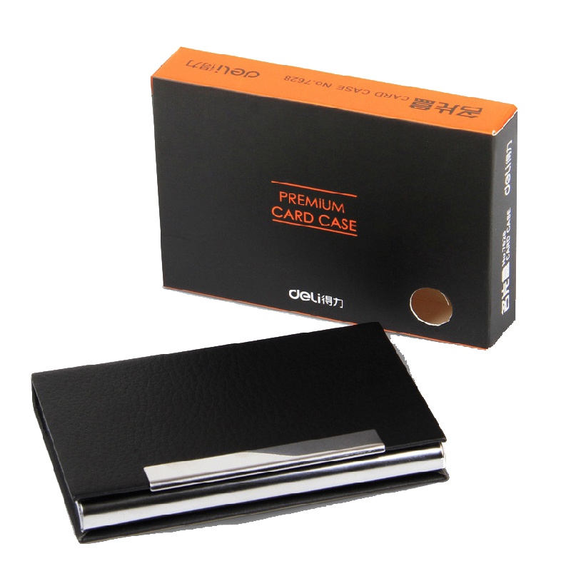 得力 7628 名片盒 商务名片收纳盒 金属皮革名片夹