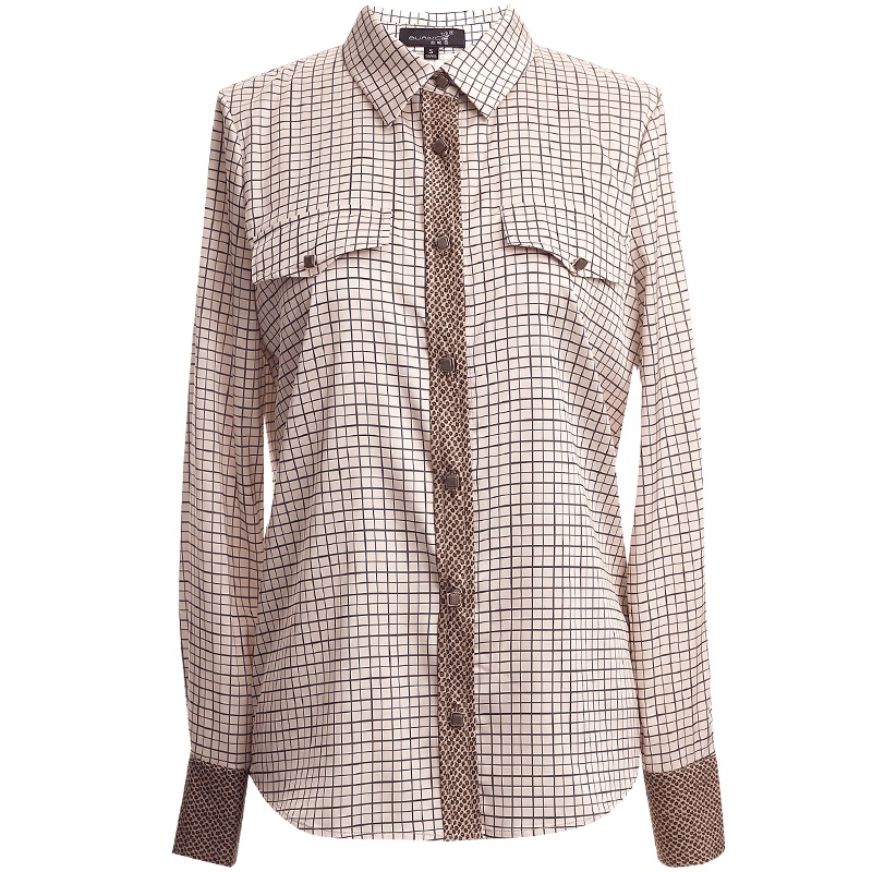 OUNIXUE欧昵雪 | [复古格子衬衣]春秋豹纹撞色拼接长袖女士上衣直筒衬衫女