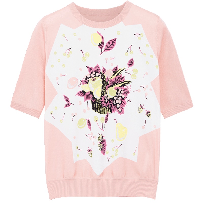 鄂尔多斯ERDOS 春夏圆领水果印花优雅休闲半袖女士针织衫/毛衣