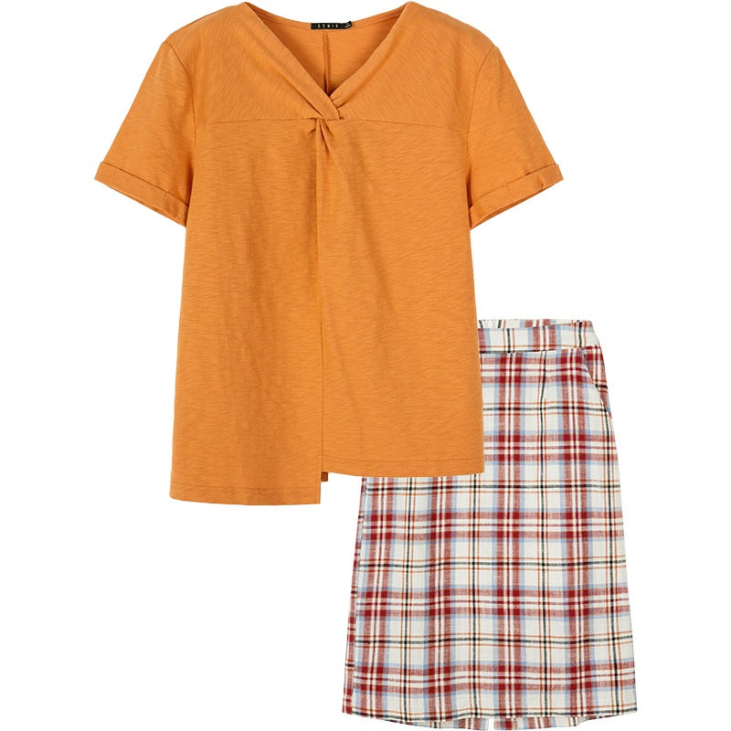 【满198减100预估价：50】森马夏季套装女V领不规则短袖T恤清新格纹半身裙有内衬