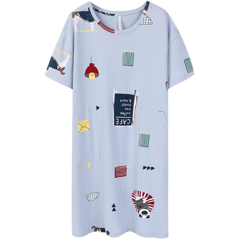 安之伴睡裙女夏冰瓷棉印花短袖女裙