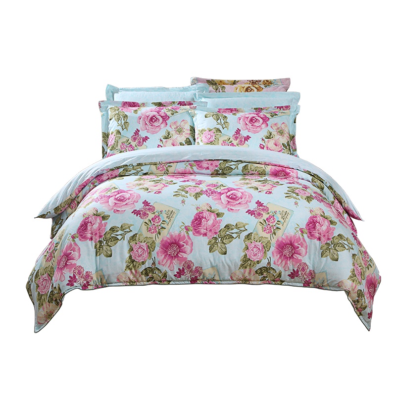 富安娜(FUANNA)家纺圣之花全棉套件1.8米双人四件套床单被套1.5米清新田园风素笺轻吟