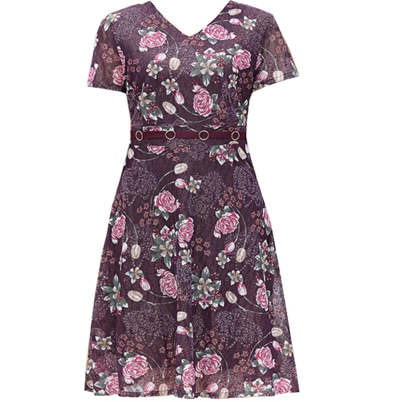 蓝旗(BLUEG)夏季新款时尚妈妈装V领短袖薄款洋气碎花过膝连衣裙