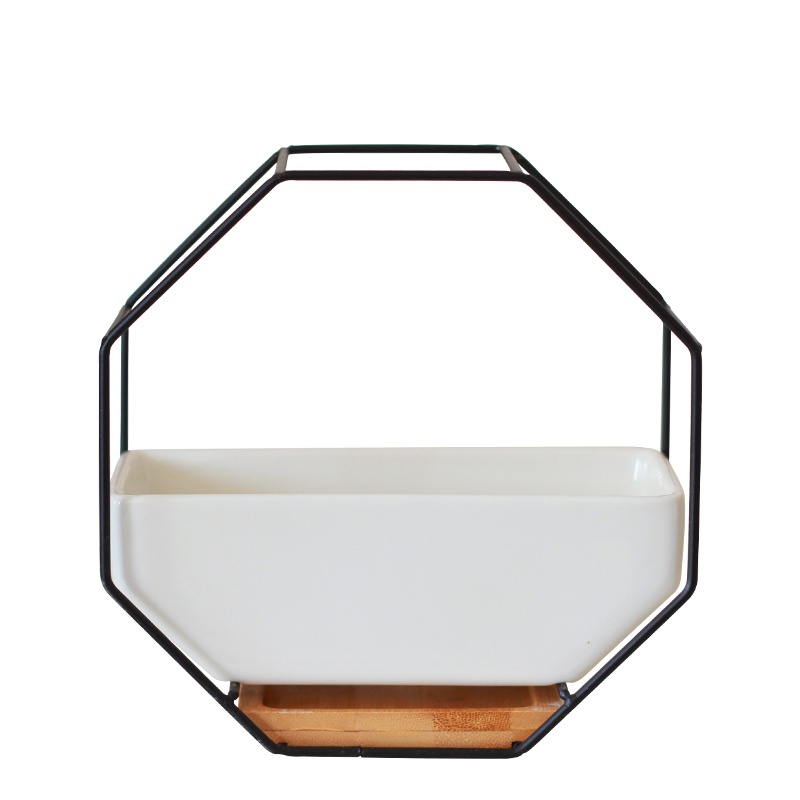 津沽园艺 北欧壁挂白色陶瓷盆 金色金属架 木托 陶瓷多肉盆 多肉花盆 宜家简约多肉绿植花盆 送无痕钉 1个