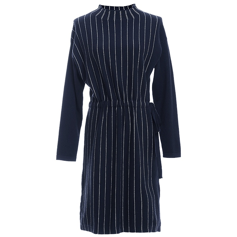 欧昵雪抽绳系带高腰条纹立领针织连衣裙女九分袖