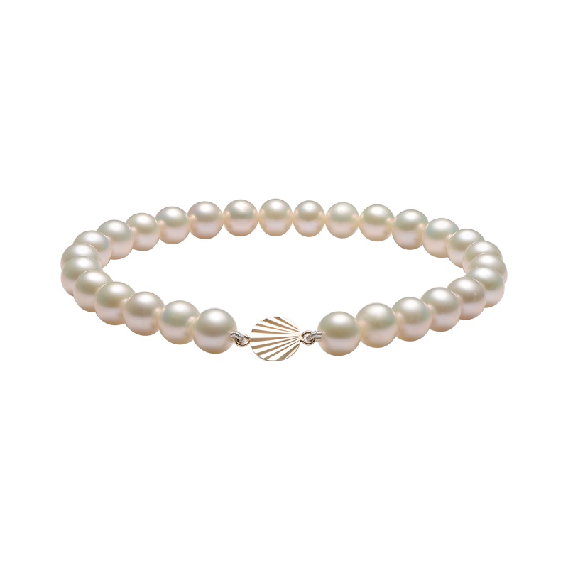 [京润珍珠]海贝 6-7mm近圆形 G18K金镶白色淡水珍珠松紧绳手链 送女友 珠宝宠自己送妈妈