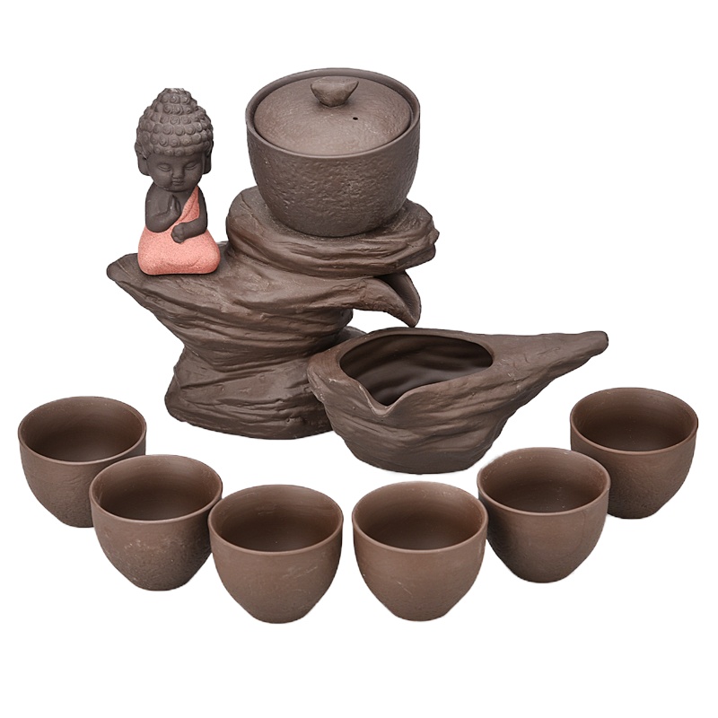 功夫茶具家用石磨创意陶瓷茶壶功夫茶杯半全自动懒人泡茶器 黑紫砂自动茶具-进宝 敬平