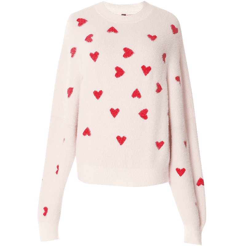 欧昵雪秋冬季圆领爱心印花毛绒针织衫女长袖宽松显瘦毛衣
