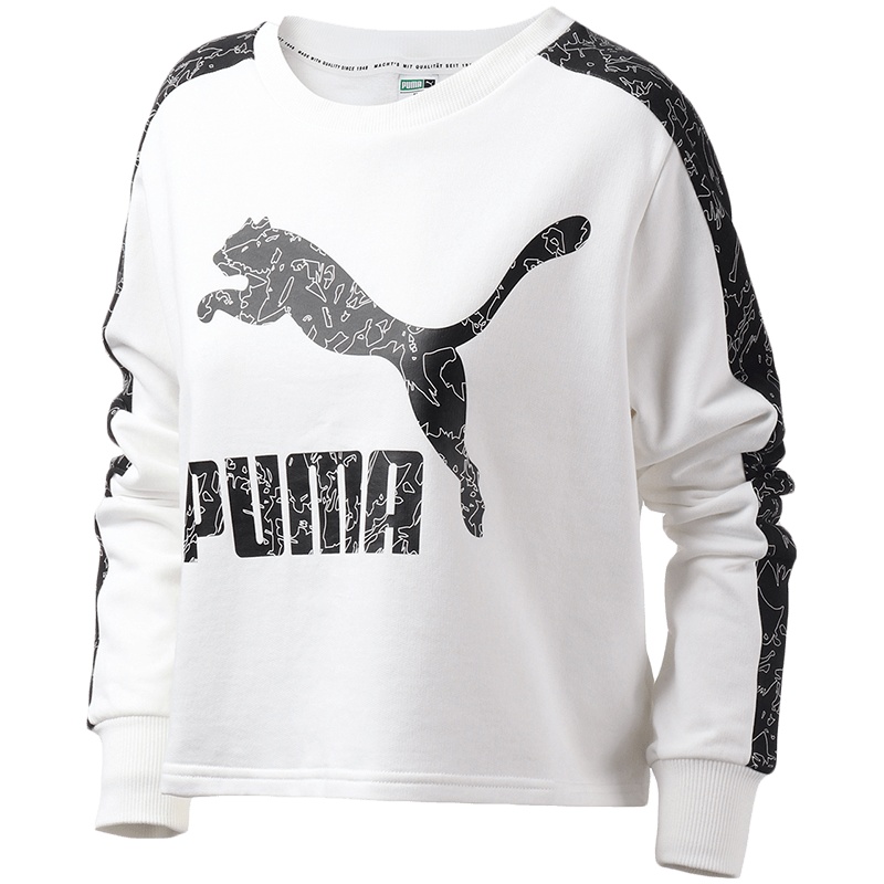 PUMA彪马女装T7花纹圆领休闲短款运动套头衫针织卫衣595906