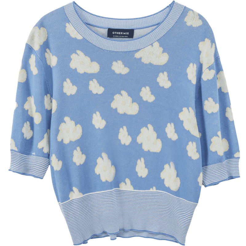 OtherMix蓝色初恋风针织衫2021年夏新款小个子短款收腰短袖女上衣