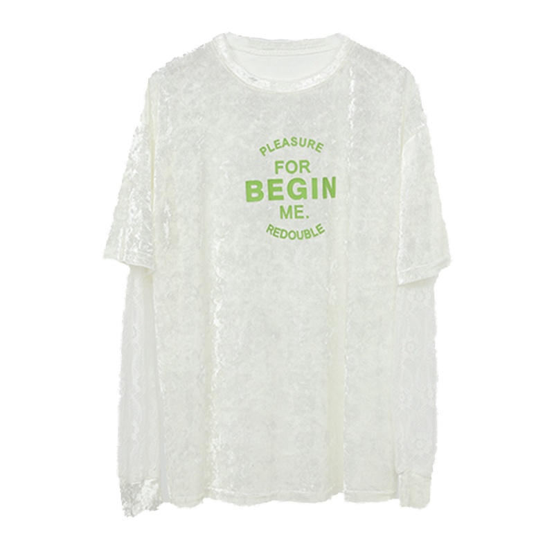 ENJOY'ME女装2020春季新品胸前个性字母丝绒感T恤拼接蕾丝长袖上衣